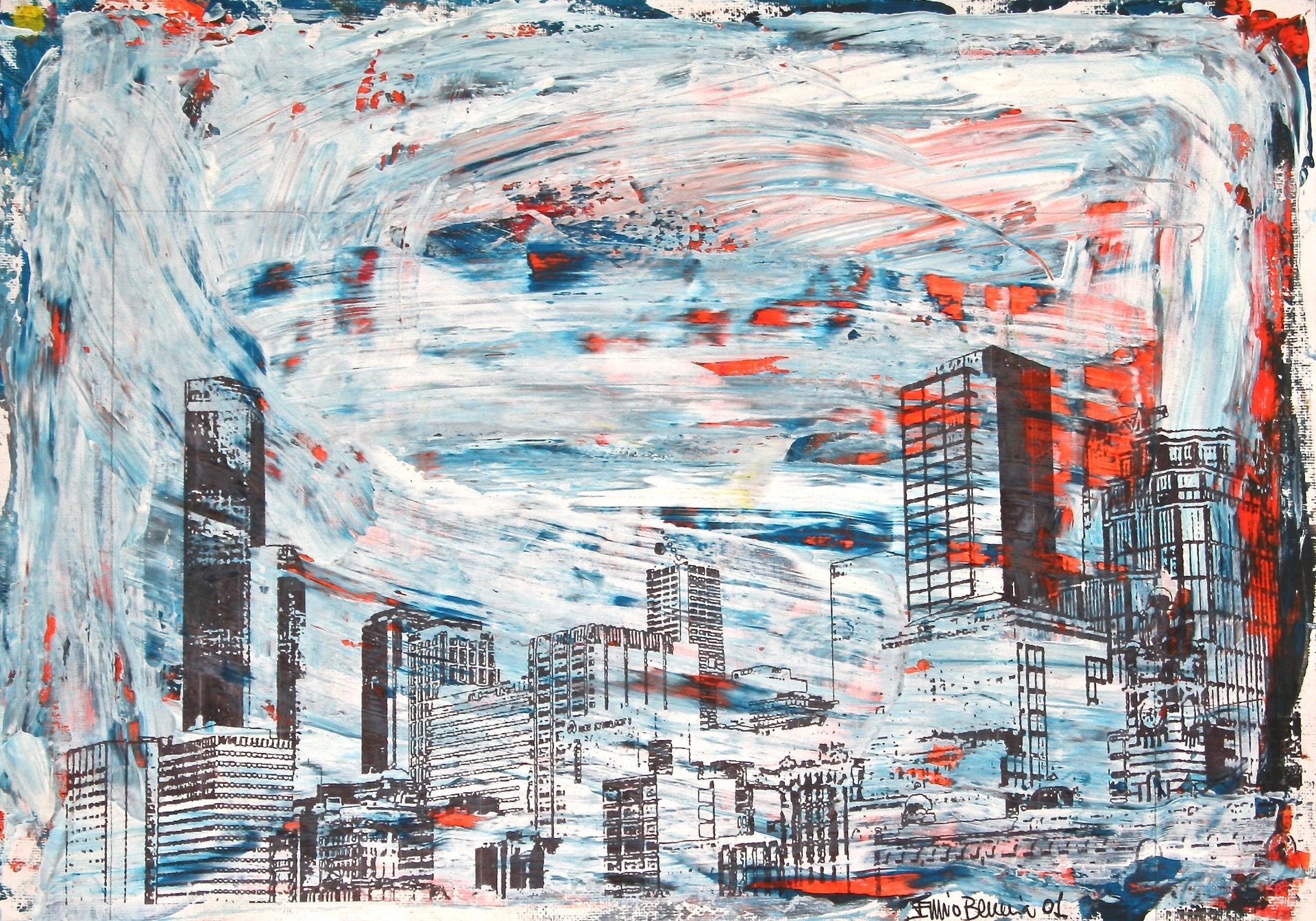 Mixed media artwork on paper by Ennio Benaia, featuring stylized architectural elements