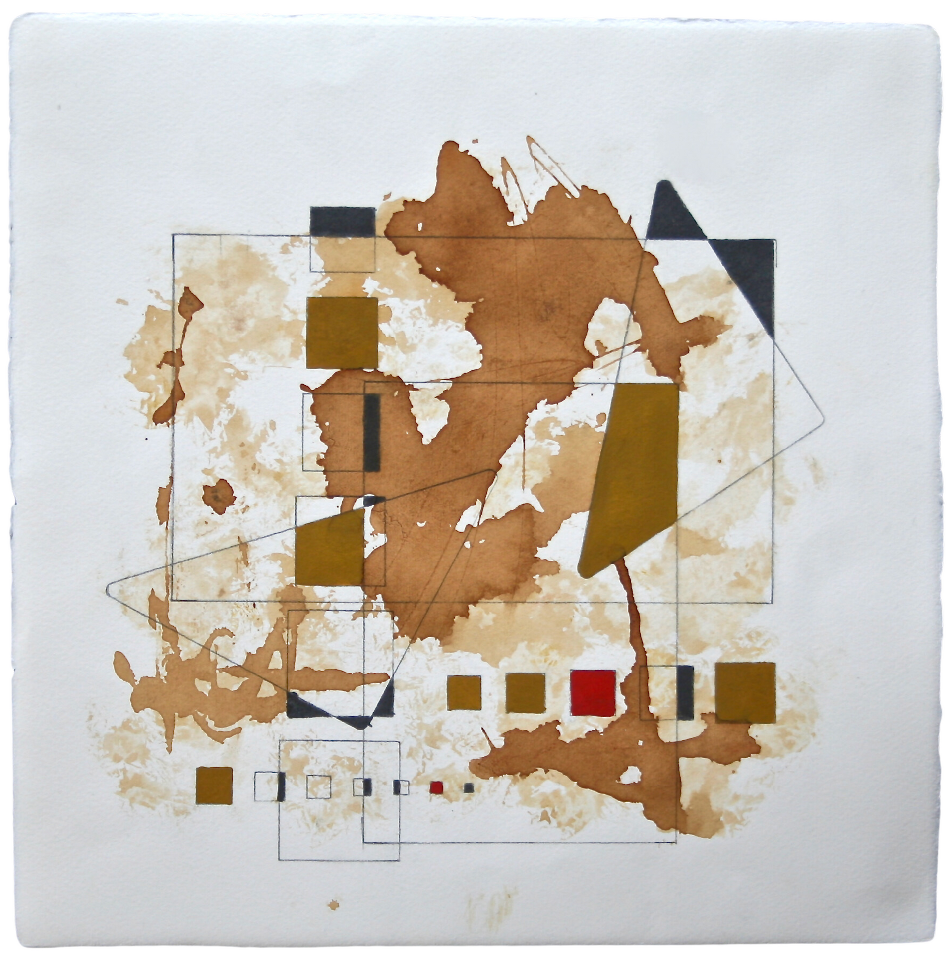 Abstract geometric artwork created using pencil, water-soluble graphite, and coffee.