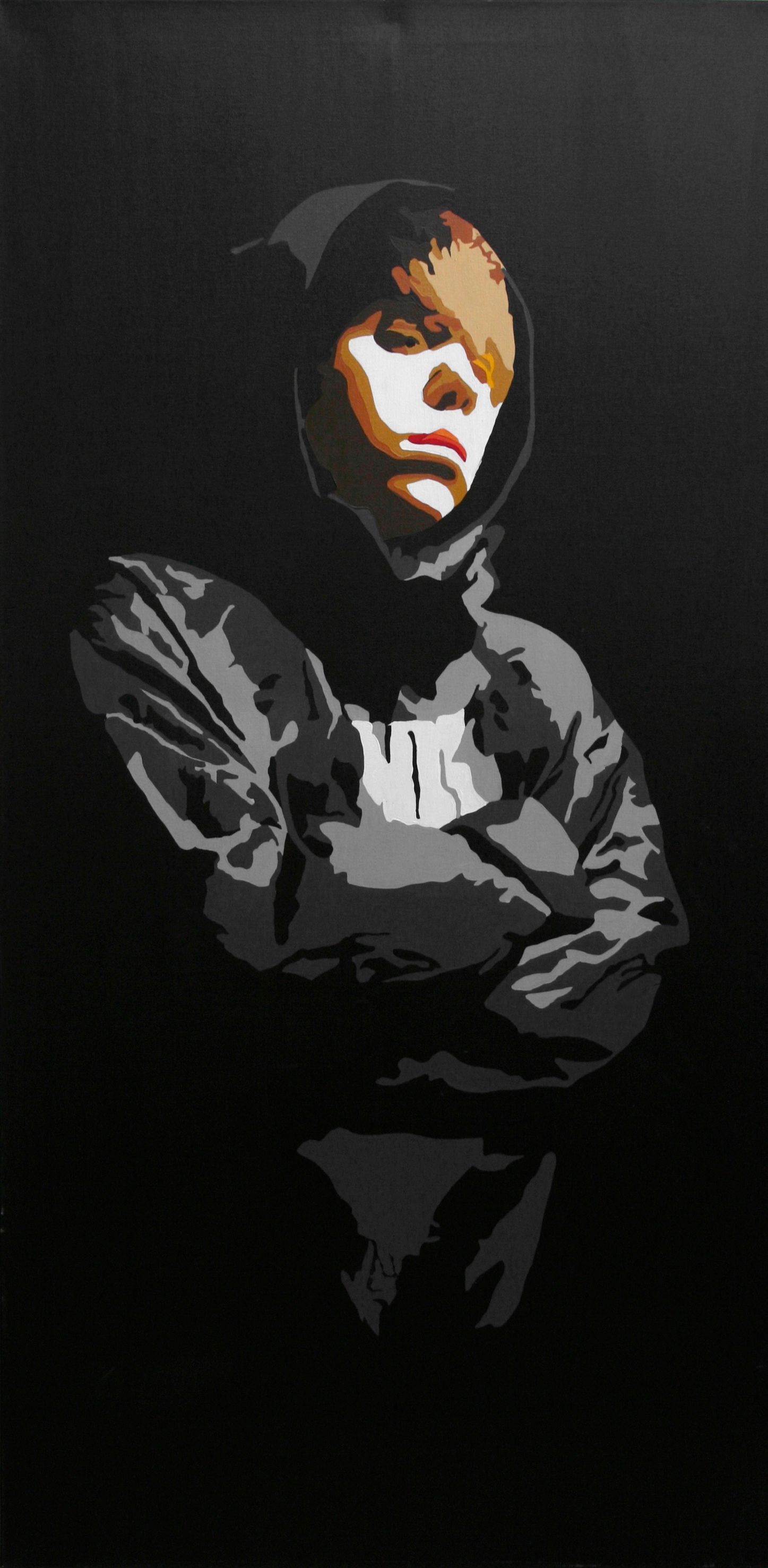 Acrylic painting of a young boy, showcasing the expressions of an urban rebel.