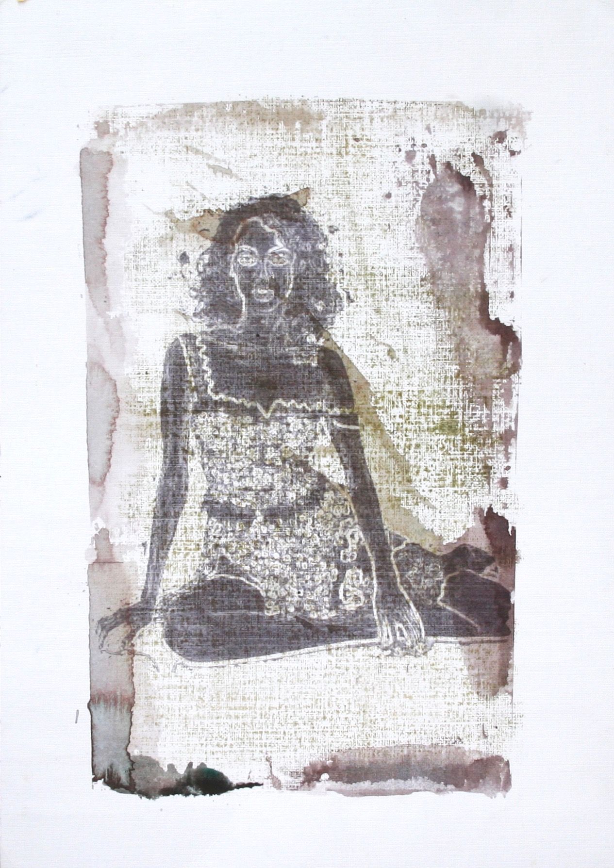 Mixed media artwork by Ennio Benaia portraying a woman in profile sitting on a floor.
