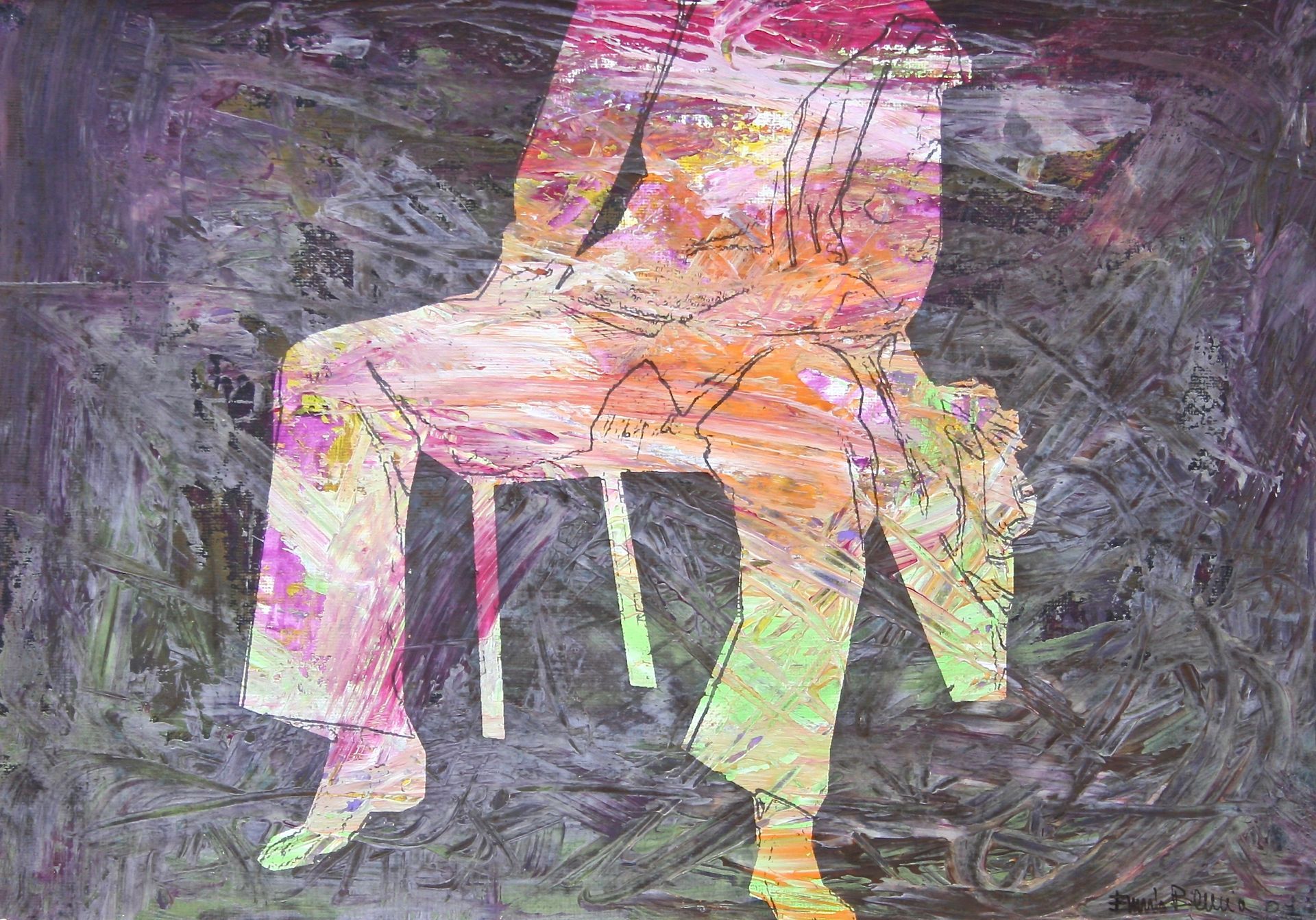 Mixed media artwork by Ennio Benaia portraying a woman sitting on a chair.