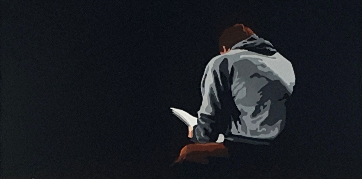 Acrylic painting depicting a boy, seen from behind, reading a letter.