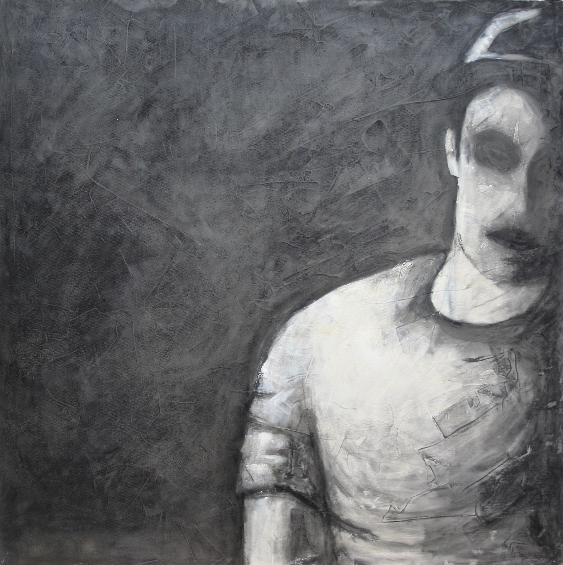 Mixed media artwork depicting human faces, created using chalk, charcoal, and acrylic on canvas.