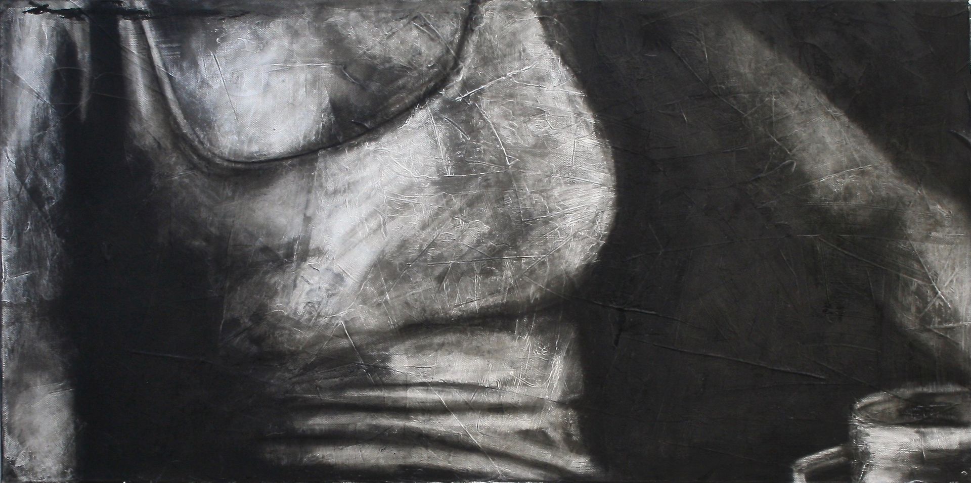 Bust of a woman in front, elegantly posed in front of a steaming cup of tea, capturing a serene and contemplative moment.