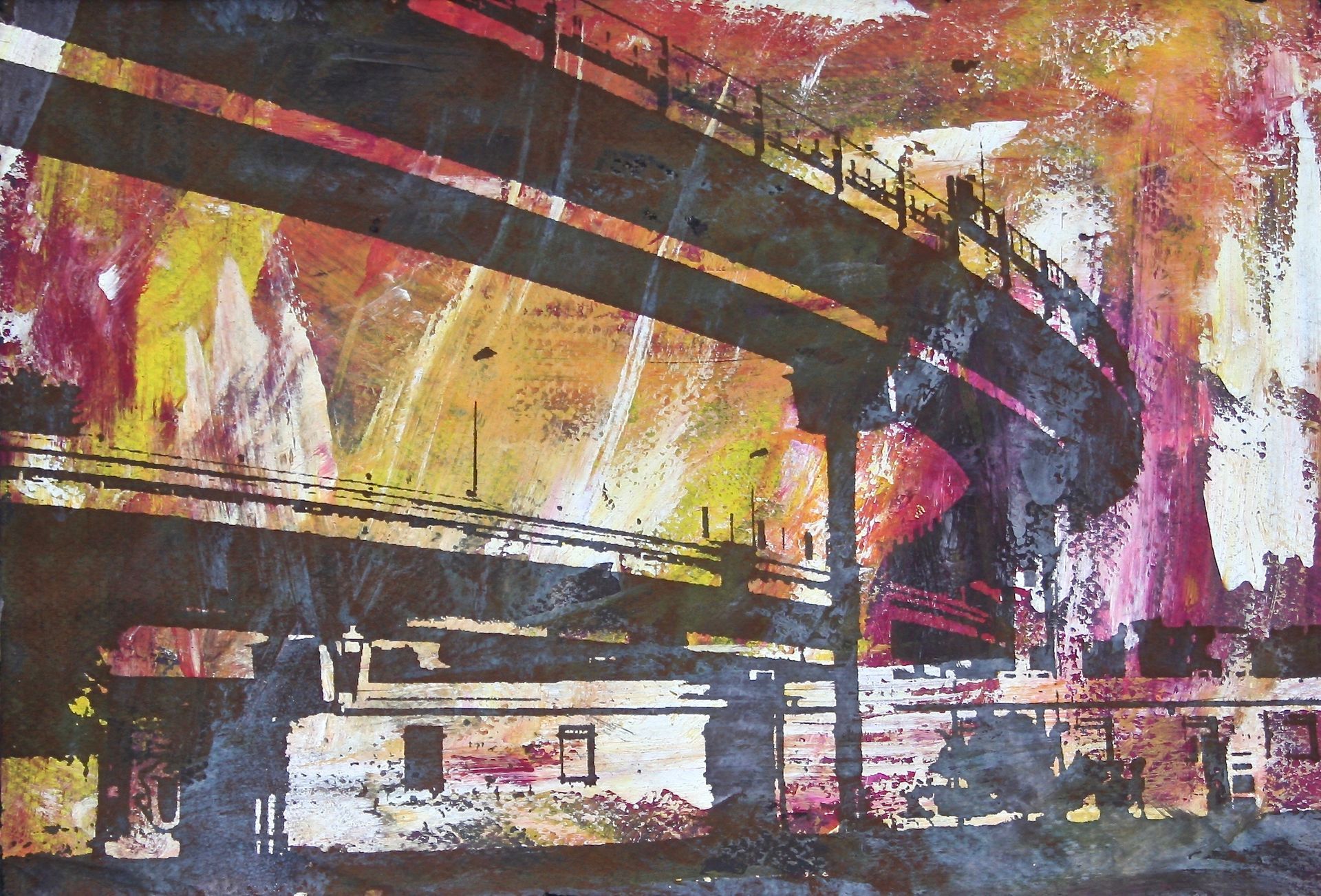 Mixed media artwork on paper by Ennio Benaia capturing the essence of a metropolis.
