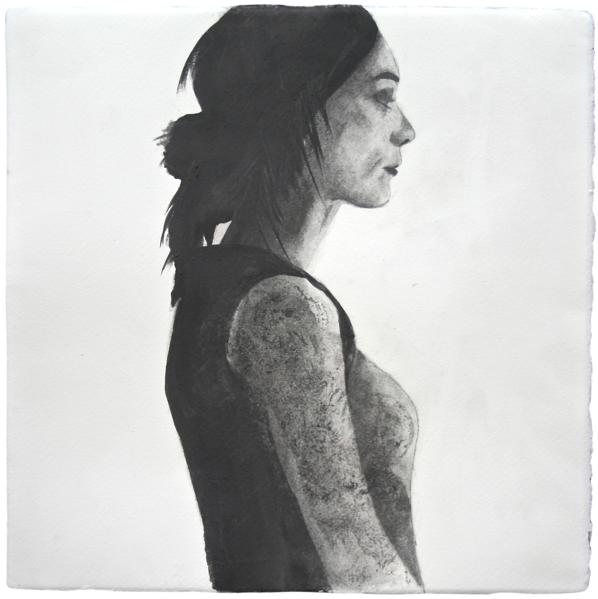 Black and white portrait of a young woman seen in profile, artwork by Ennio Benaia.