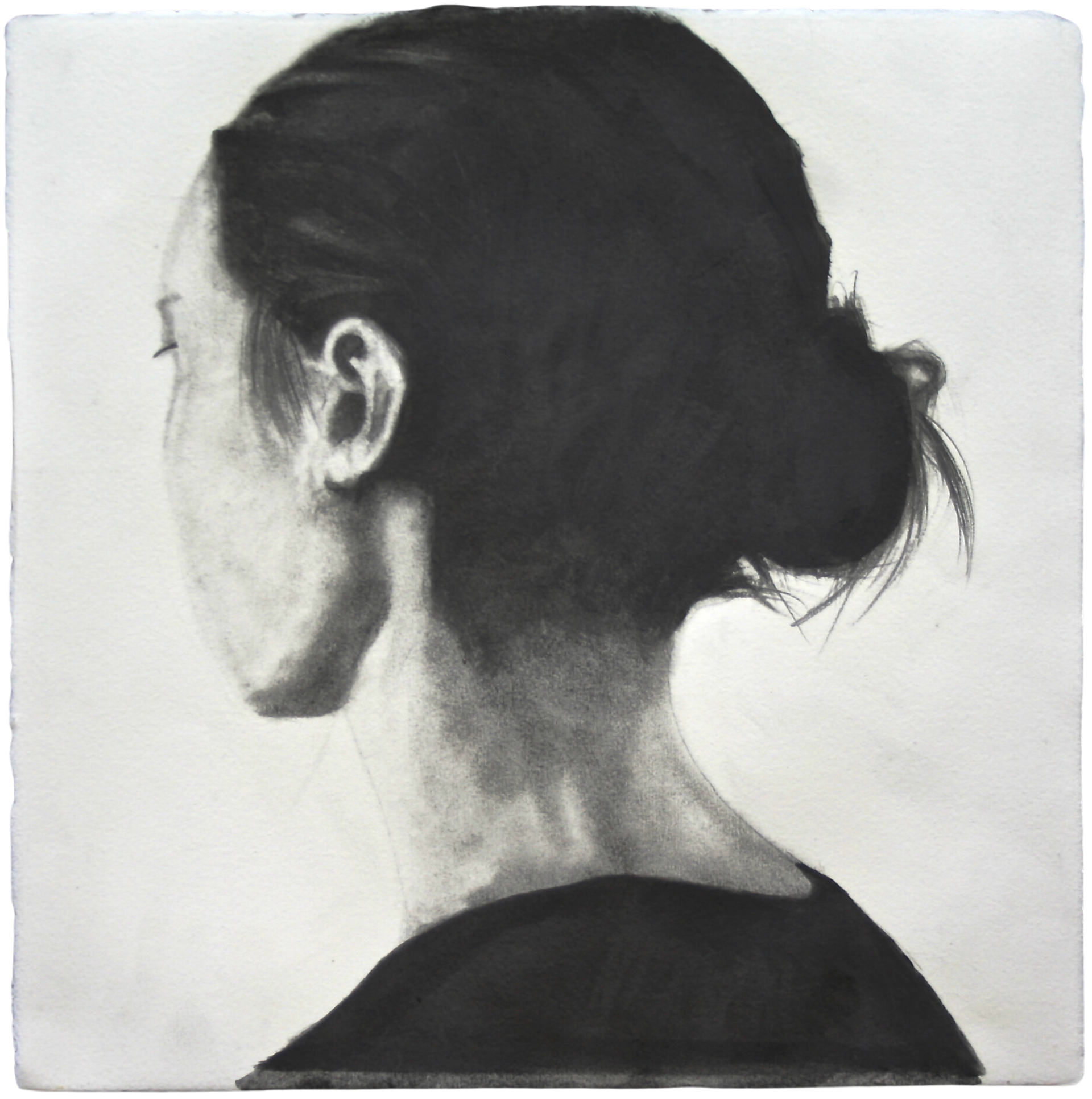 Black and white portrait of a young woman seen  from behind, artwork by Ennio Benaia.