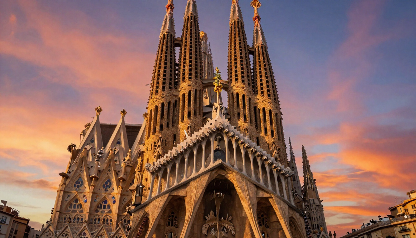 La Sagrada Familia di Barcellona, capolavoro di Gaudì, illuminata dal sole al tramonto con vivaci colori spagnoli.