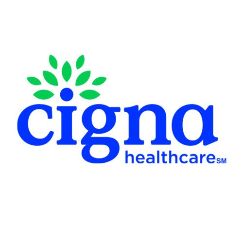 Cigna Healthcare logo in blue and green with stylized leaf graphic above the name
