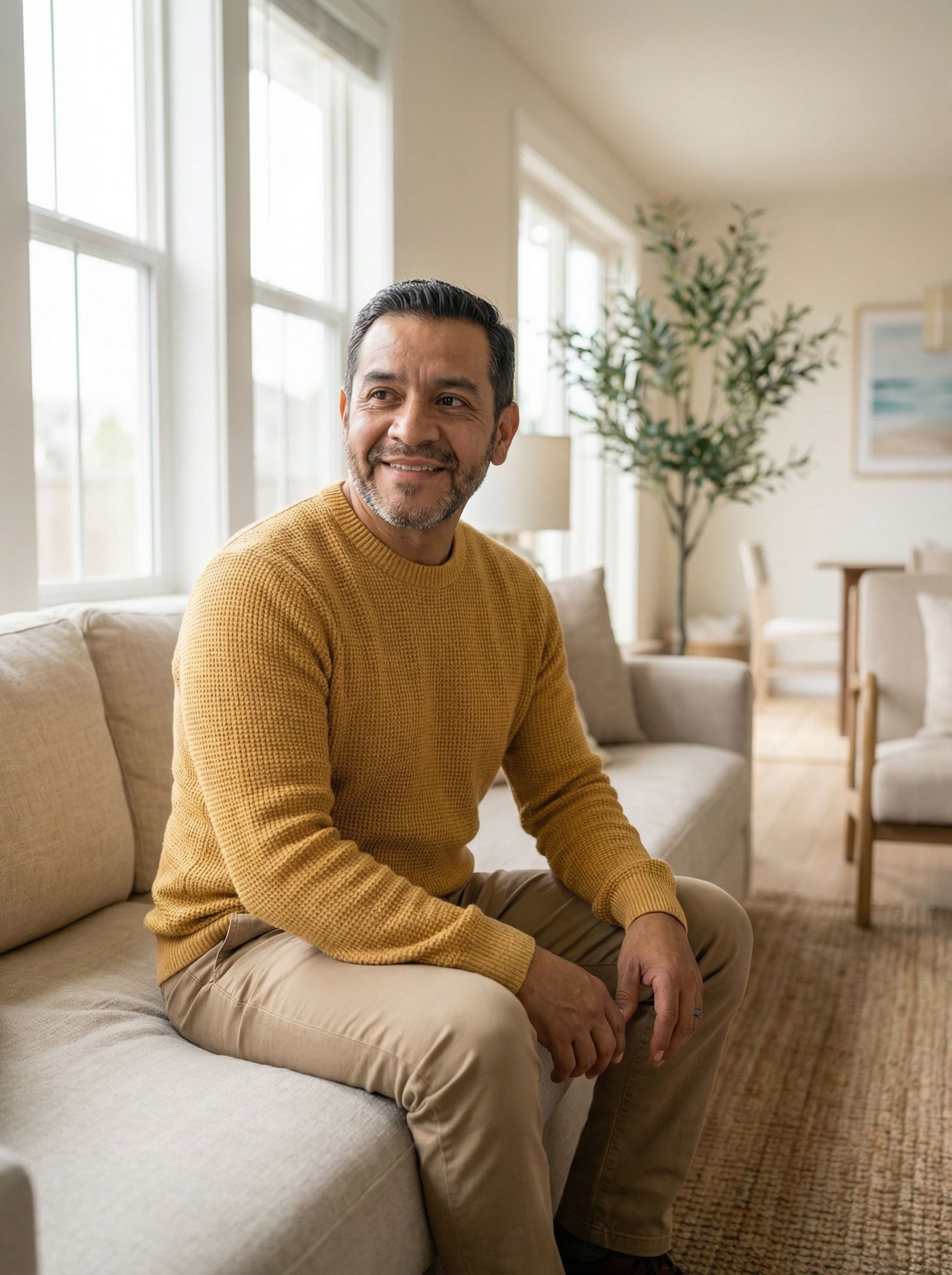 A man sitting  feeling comfy on his couch in a living room.