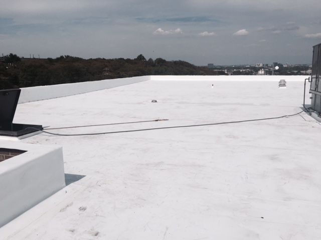 A white roof with trees in the background