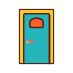 A blue door with a yellow frame and a red window.