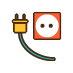 A yellow plug is attached to a red electrical outlet.