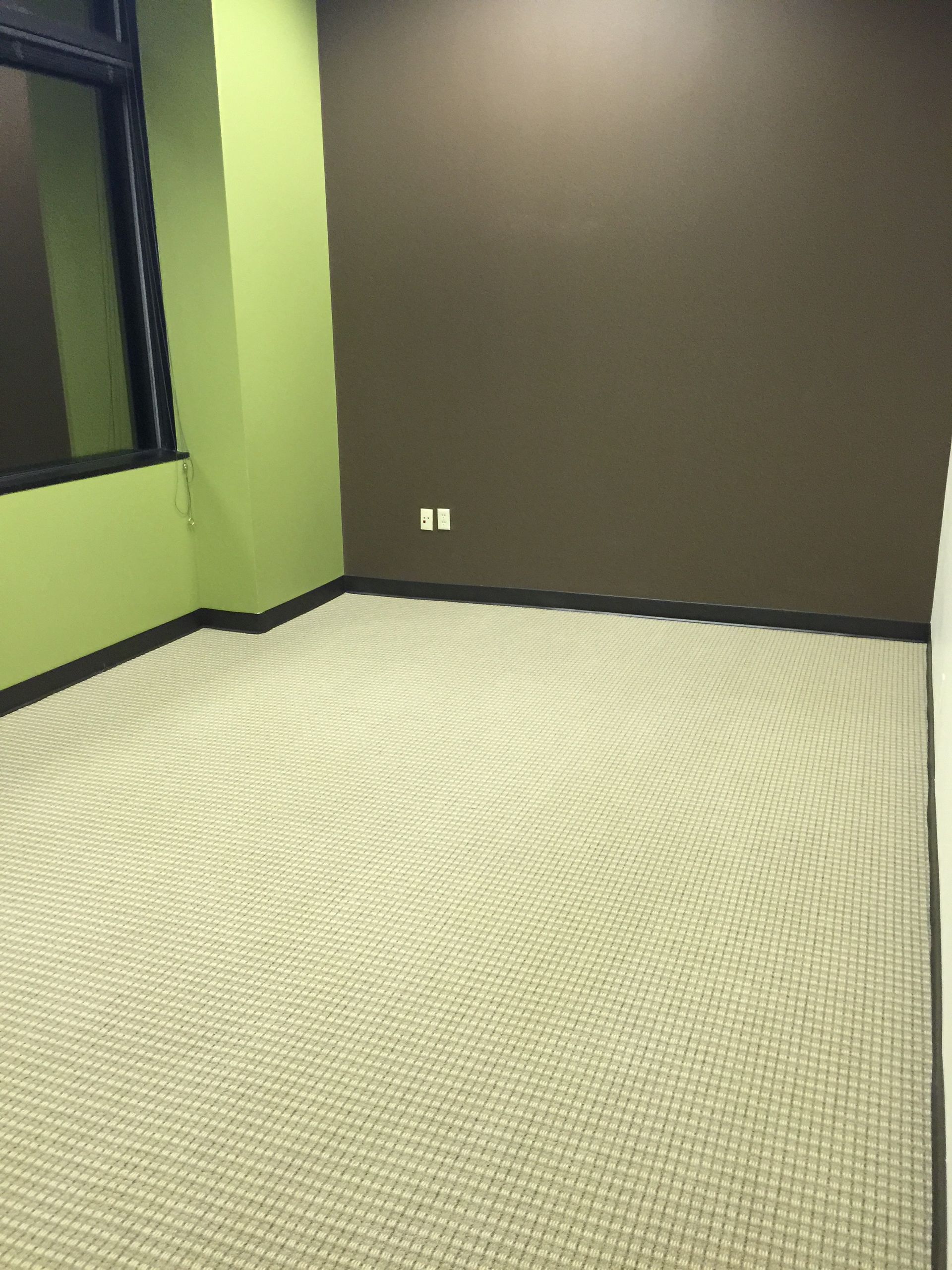 An empty room with a carpeted floor and green walls