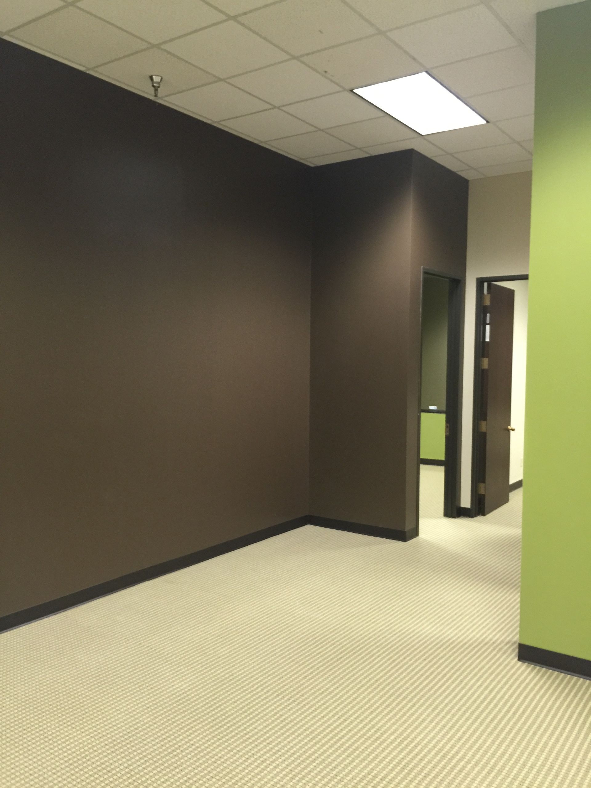 An empty room with brown walls and green walls