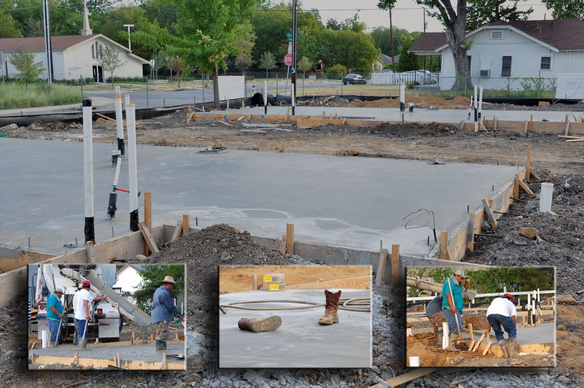 A collage of three pictures of a construction site