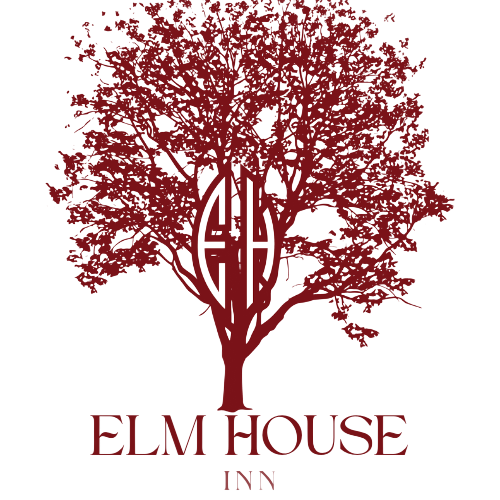 Logo for Elm House Inn featuring a stylized tree in burgundy next to the name in black text.