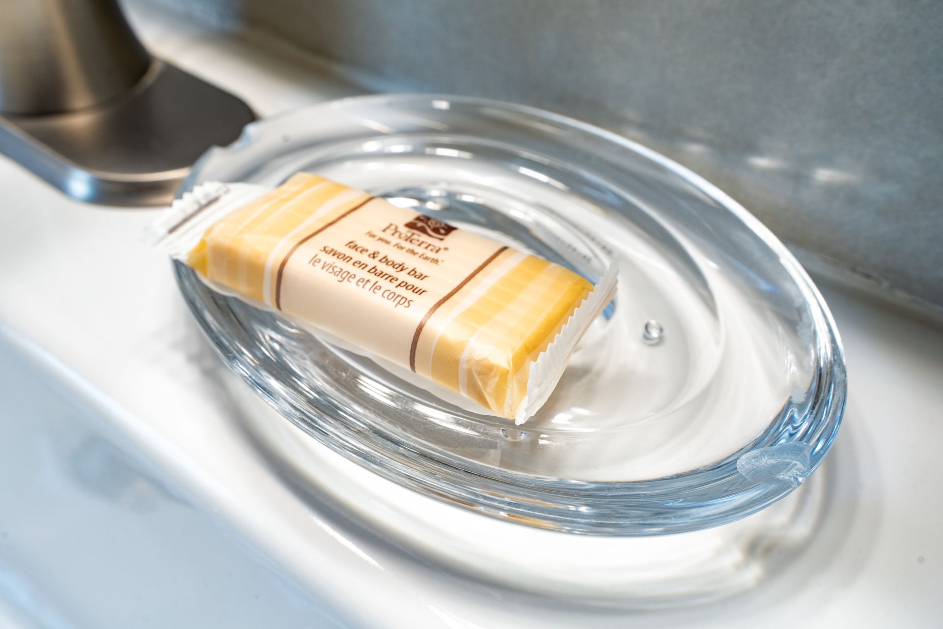 Soap in a clear, oval soap dish on a white sink.