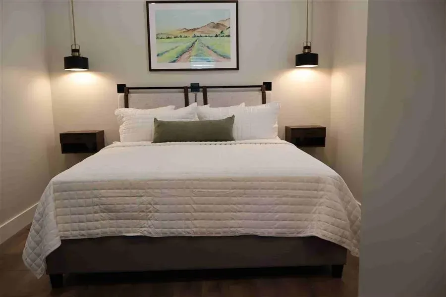 Bedroom with a bed, nightstands, lamps, and a framed picture.