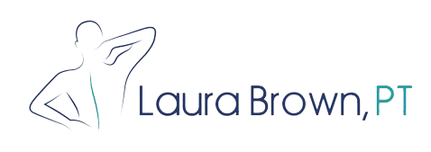 Silhouette of person with hand on neck, text: Laura Brown, PT