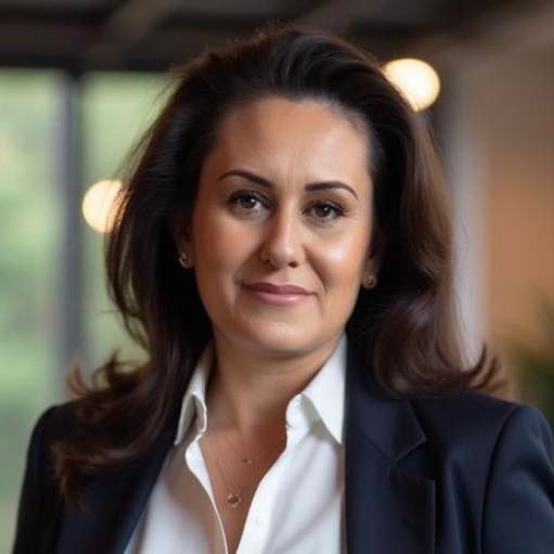 A woman is sitting at a desk with a laptop and a vase of flowers.