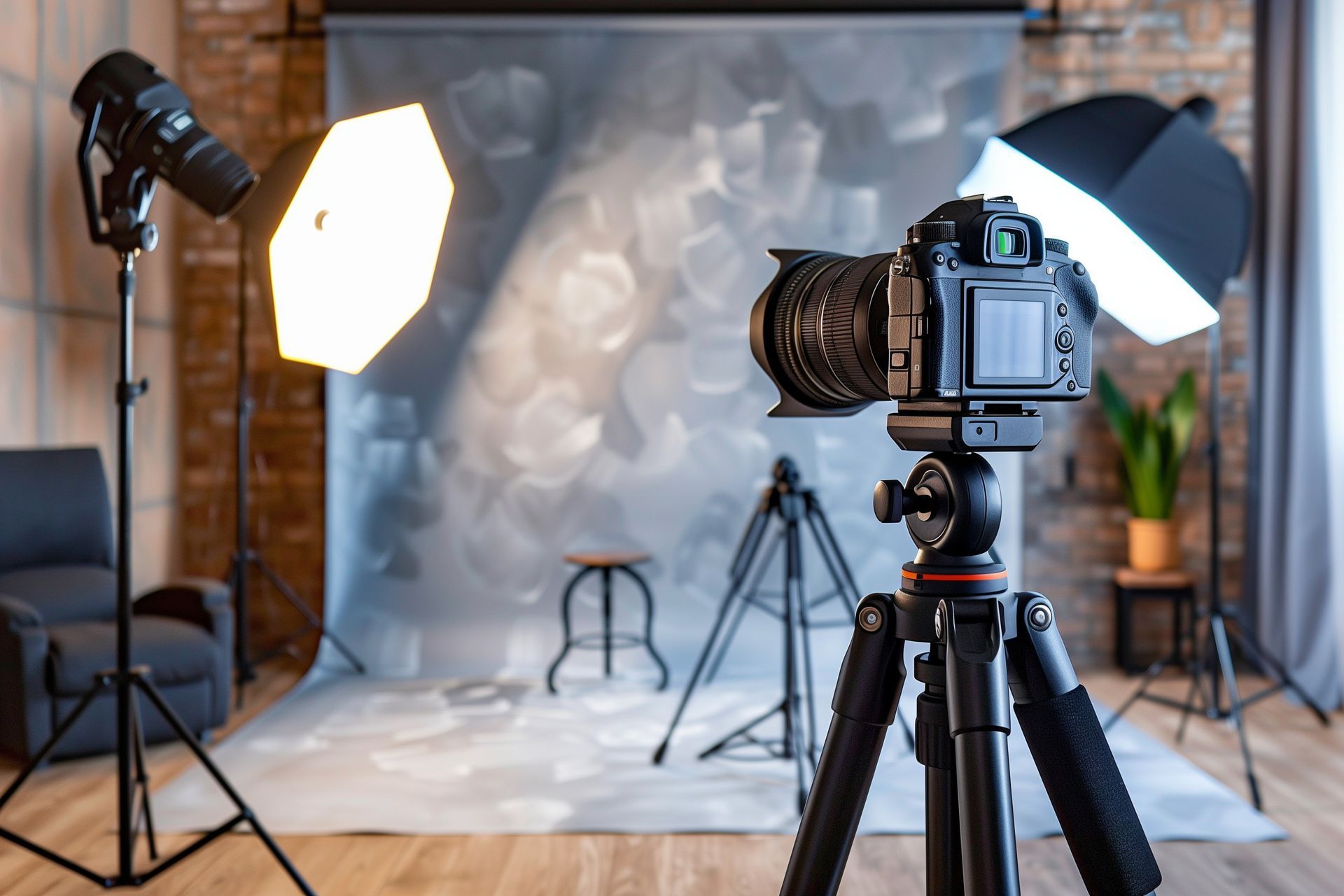 Photo studio setup: camera on tripod facing a gray backdrop, with lights and a chair.