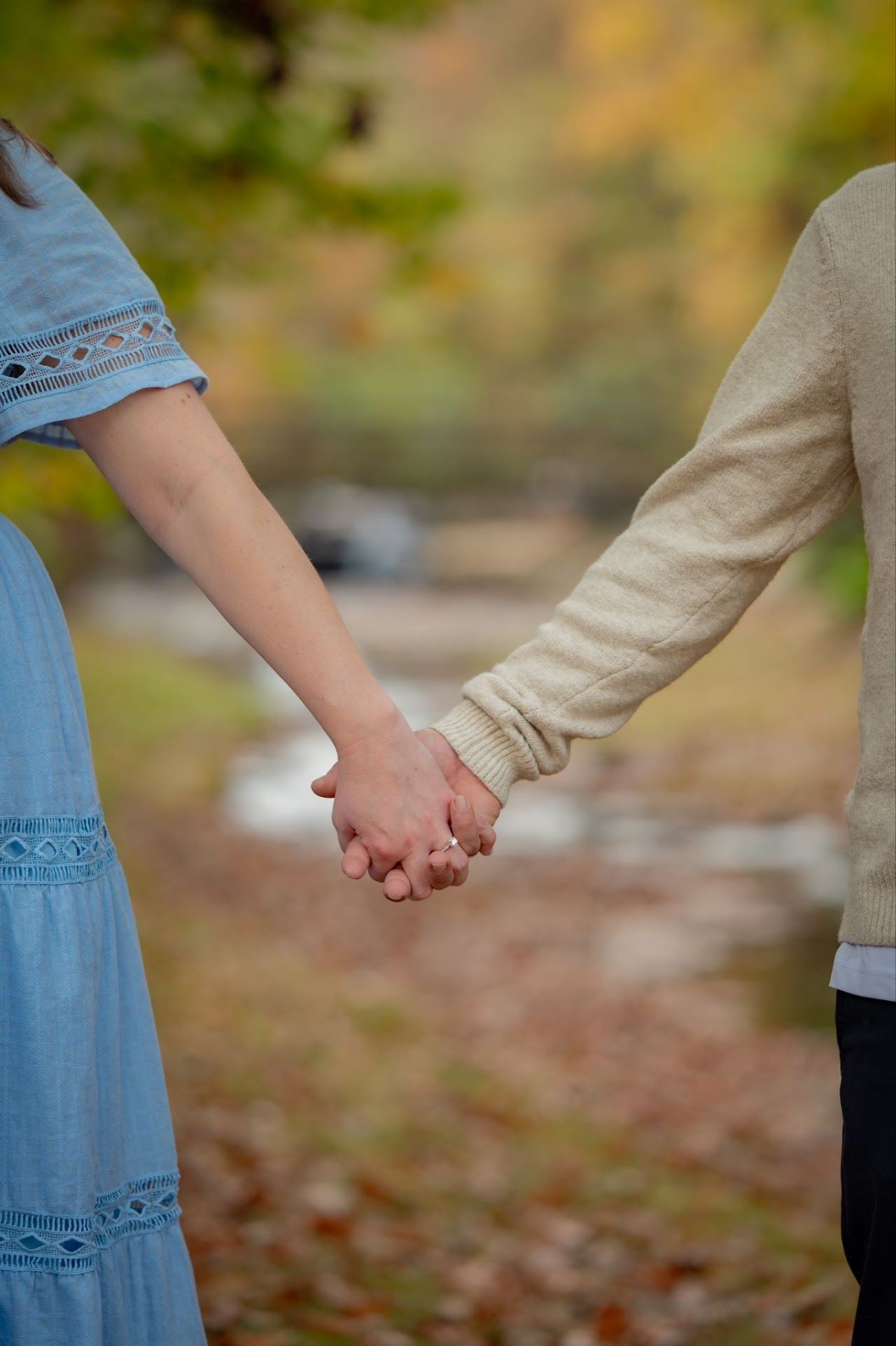 Couple holding hands outdoors, wearing blue dress and tan sweater, autumn setting.