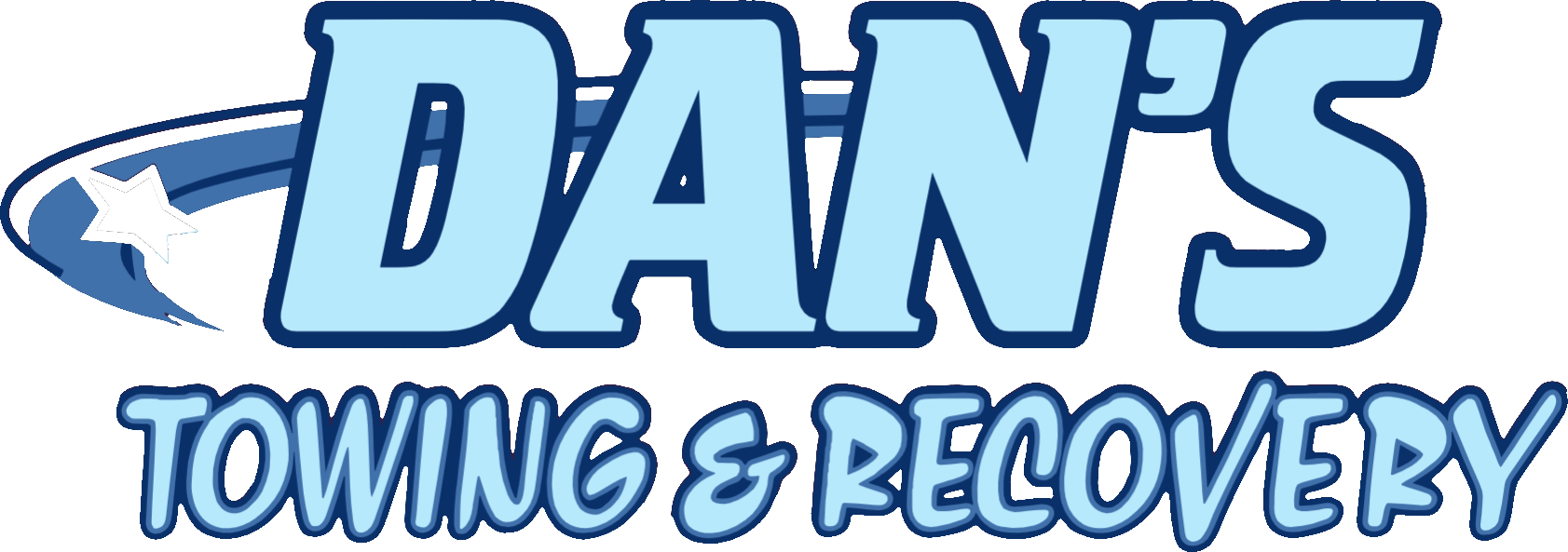 Logo for Dan's Towing & Recovery: light blue text with a swoosh and star graphic.
