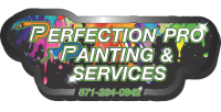 Perfection Pro Painting & Services logo with colorful paint splatters, text in green and white, and phone number.
