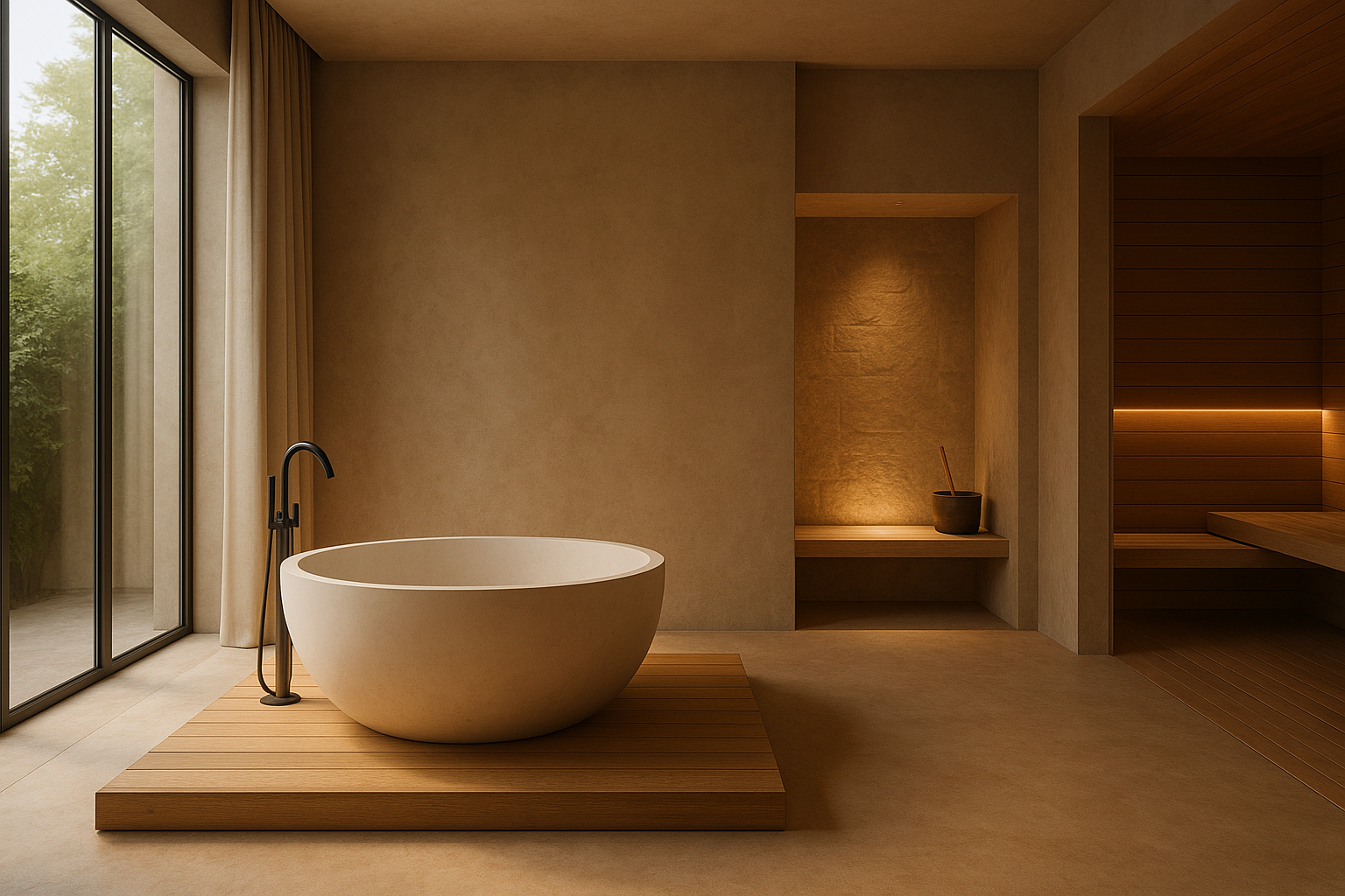 Luxuriöses Home Spa mit freistehender Badewanne auf einem Holzpodest und Kombination mit Naturstein 