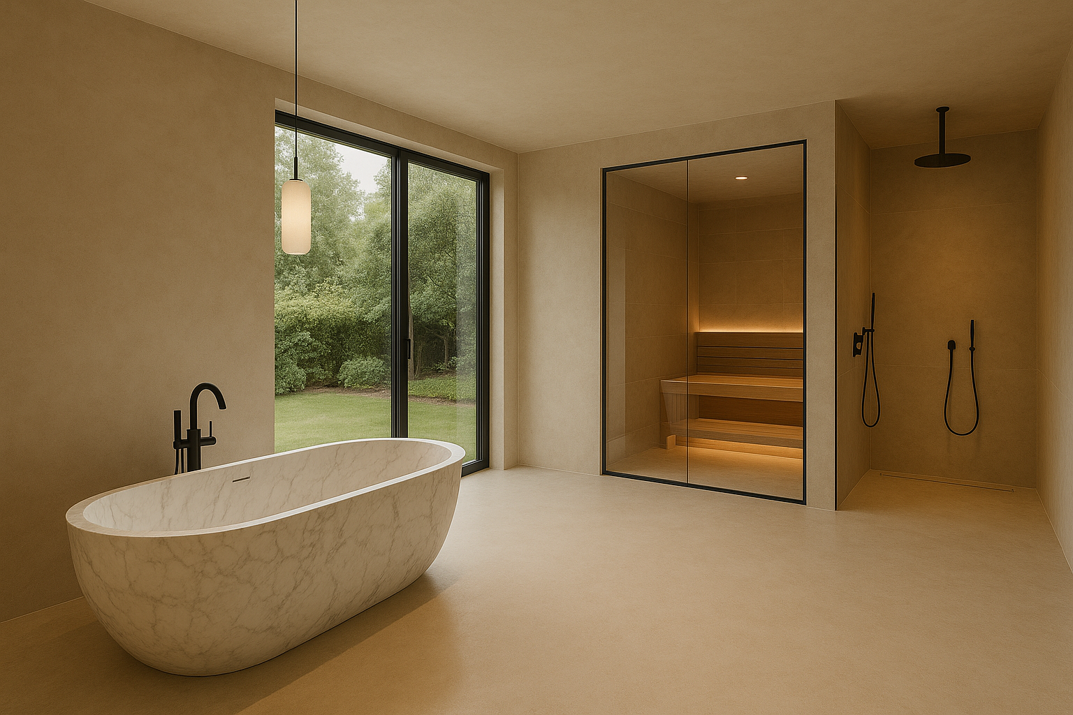 Luxus Badezimmer mit fugenloser Gestaltung und Zeitloser Eleganz mitDampfbad