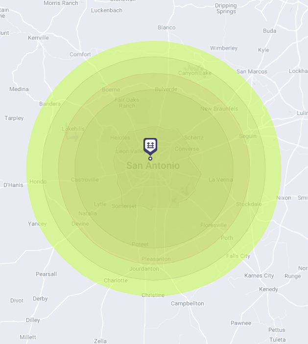 Map of San Antonio with concentric green circles, marking distance.