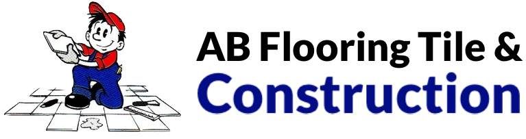 Cartoon man laying tile, holding blueprints. "AB Flooring Tile & Construction" in blue.