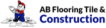 Cartoon man laying tile, holding blueprints. "AB Flooring Tile & Construction" in blue.