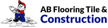 Cartoon man laying tile, holding blueprints. "AB Flooring Tile & Construction" in blue.