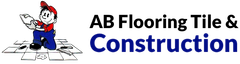 Cartoon man laying tile, holding blueprints. "AB Flooring Tile & Construction" in blue.