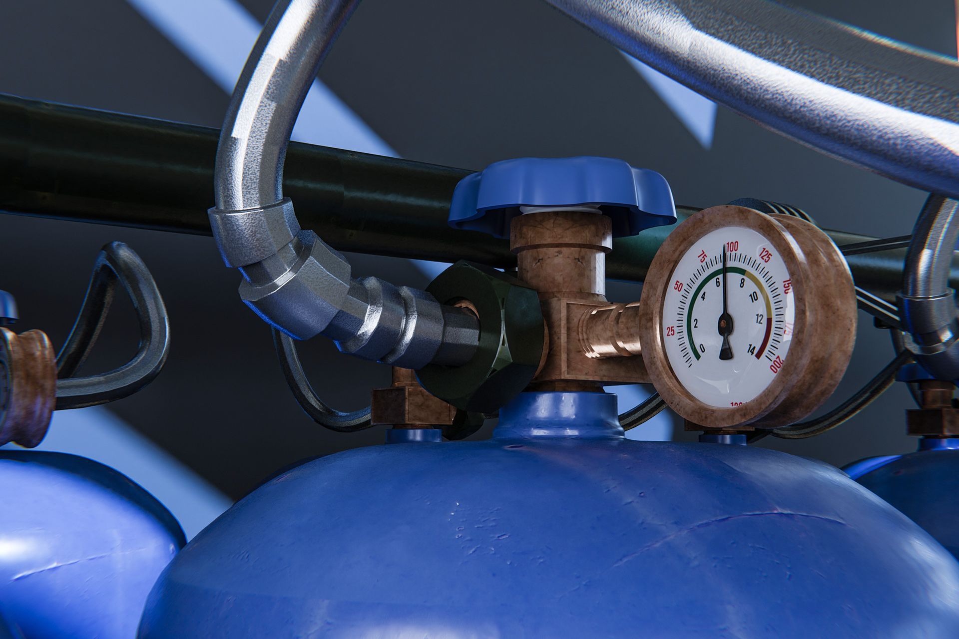 Blue gas cylinder with pressure gauge and connecting pipes.