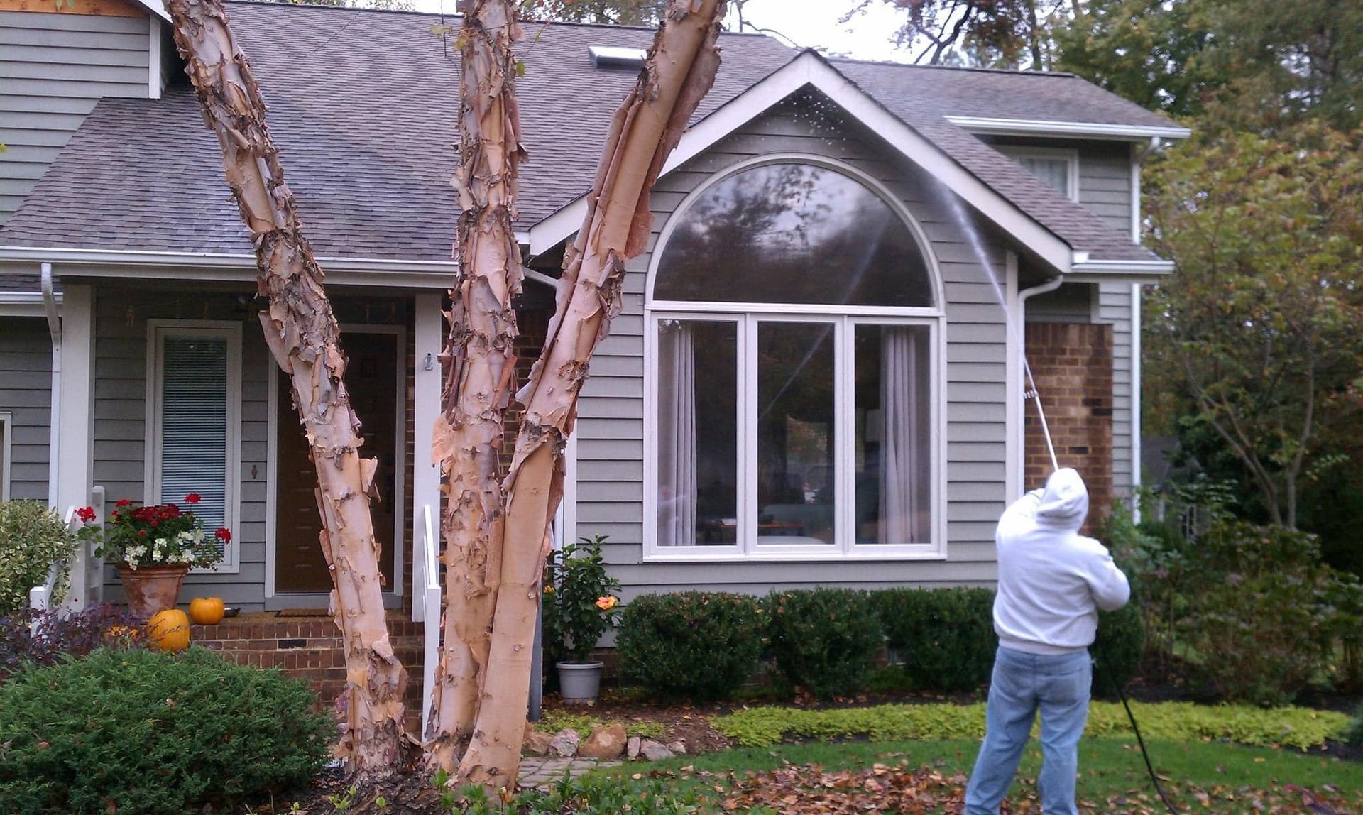 A man is raking leaves in front of a house