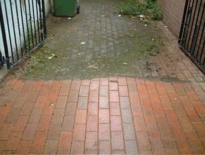 A before and after picture of a brick walkway.