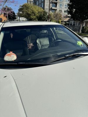 A person is sitting in the driver 's seat of a white car.