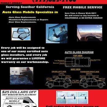 An advertisement for a mobile auto glass service in southern california