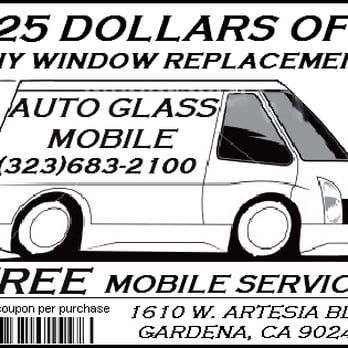 A black and white advertisement for auto glass mobile service.