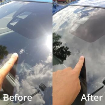 A before and after photo of a car windshield
