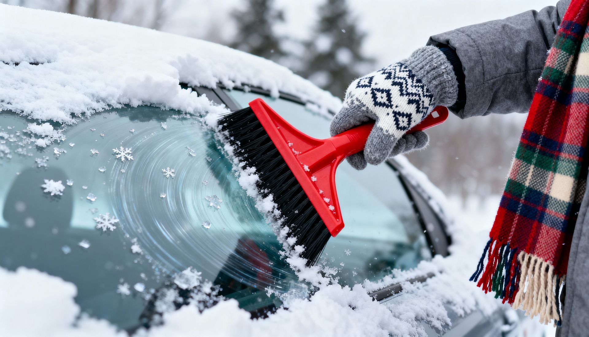 Person wearing a patterned mitten uses a red brush to clear snow from a car windshield.