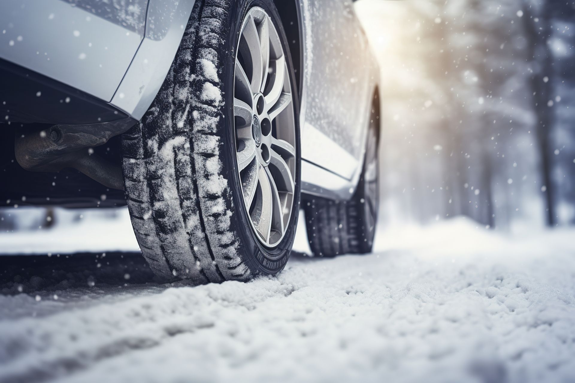 Car with winter tires driving on a snow-covered road.