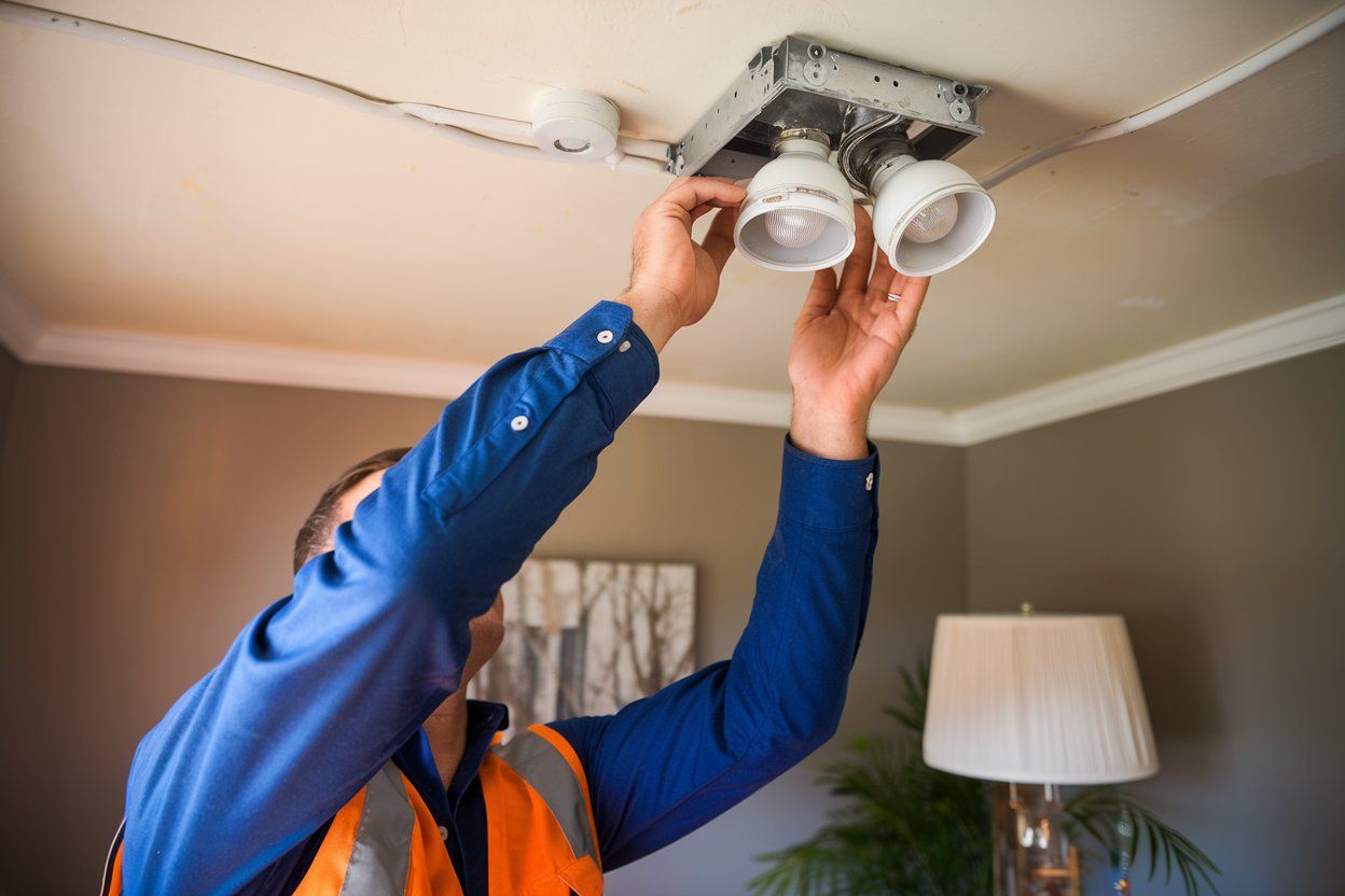 A man is fixing a light fixture in a living room.
