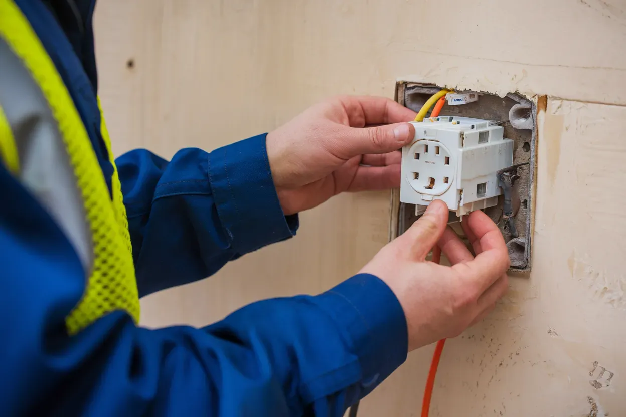 A man is installing an electrical outlet on a wall.