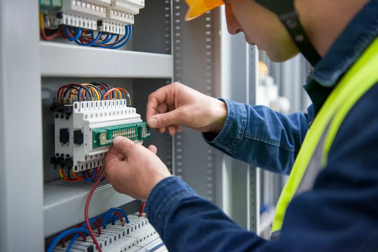 A man in a hard hat and safety vest is working on an electrical box.