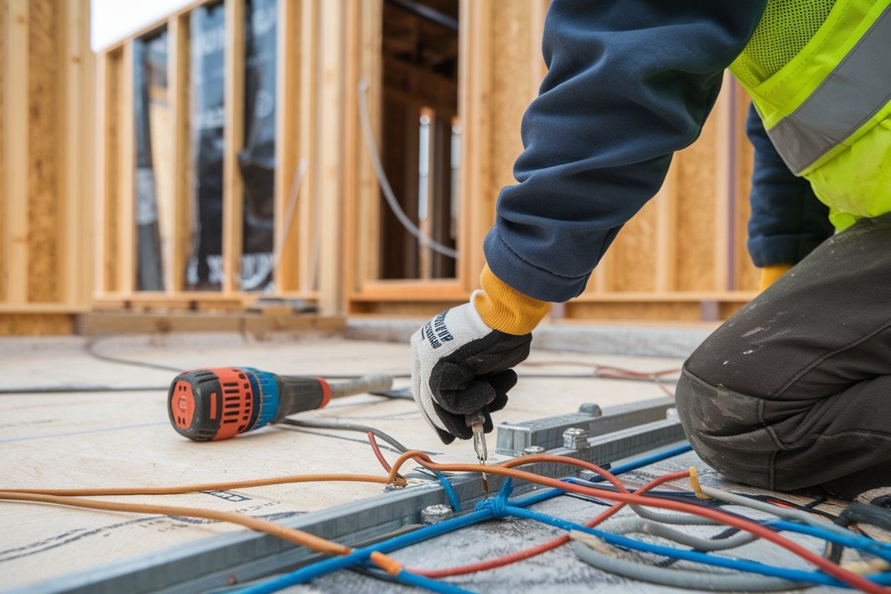 A construction worker is working on electrical wires on the floor of a building under construction.