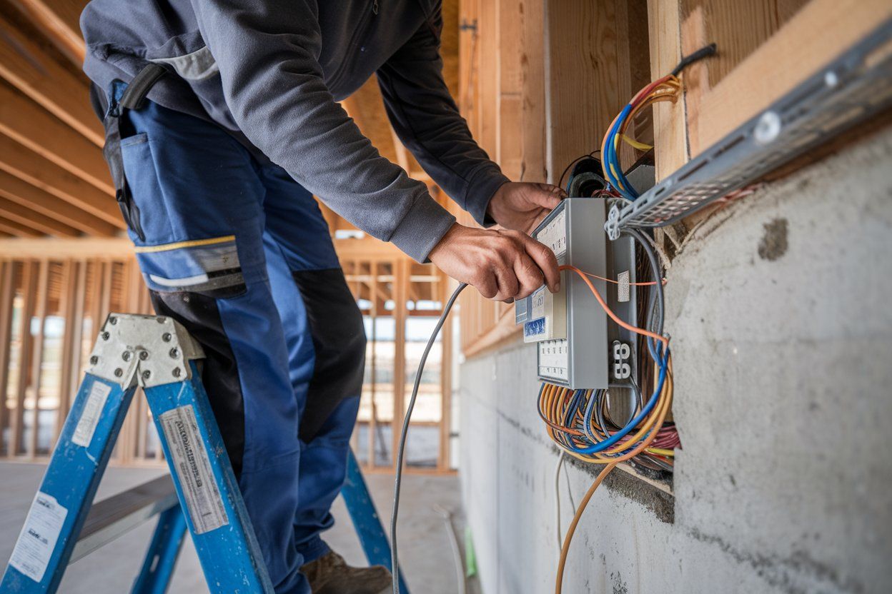 A man is standing on a ladder working on an electrical box.